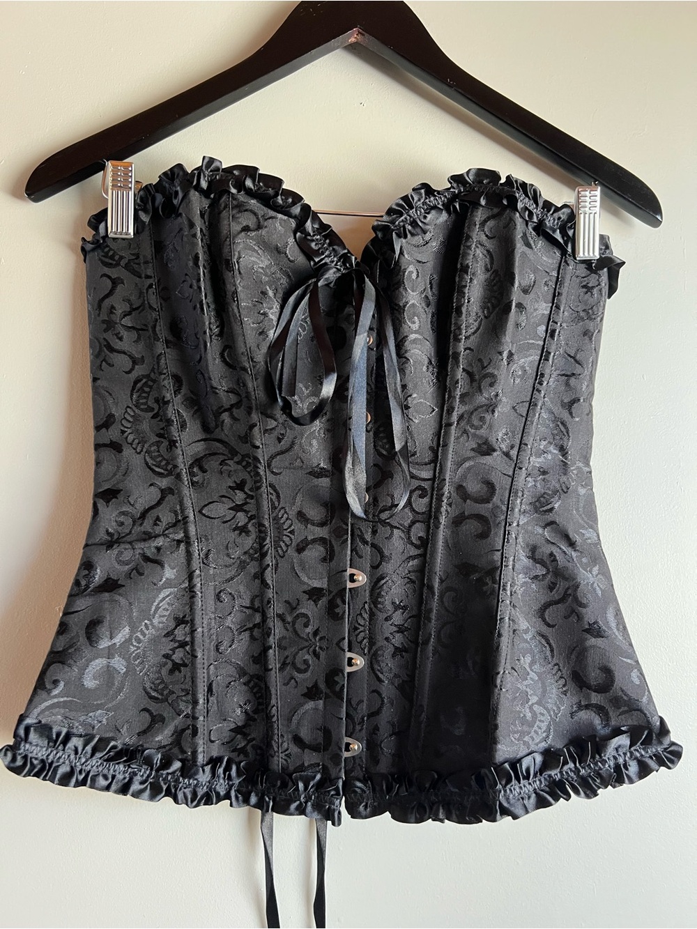 Black Brocade Corset Lace Up Bustier Gothic Victorian Boned Top Size S/M Y2K